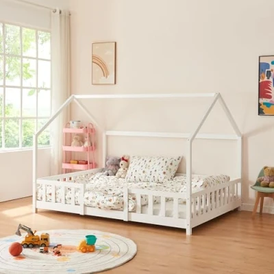 Image of [en.casa] Children&#039;s bed Sisimiut House 120 x 200 cm with fall out protection Wooden for children Floor Slatted frame Pine wood White matt