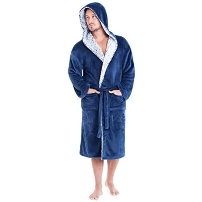 Image of CityComfort Dressing Gown Men and Teenagers Super Soft Hooded Mens Fleece Robe Sizes M 2XL Warm Cosy Loungewear Nightwear (Dark Blue, XL)