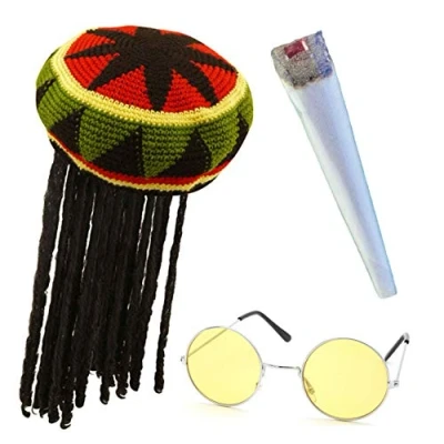 Image of Silver Fancy Dress® Rastafarian, Bob Marley Rasta Dreadlocks Hat, Fake Spliff Jamaican Glasses Lennon Style, Beach Dress