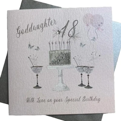 Image of Happy 18th Birthday Card Goddaughter Champagne Glasses Pink Roses by White Cotton Cards SS42 GODD18