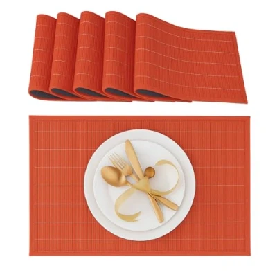 Image of Relaxdays Table Set of 6 Place Mats, Bamboo, Non Slip Placemats, Washable, 30 x 45 cm, Brown, 0.3 cm