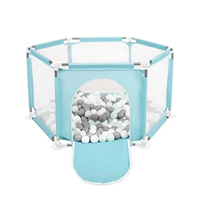 Image of Selonis Hexagon 6 Side Play Pen with 100 Balls, Mint:White/Grey/Mint