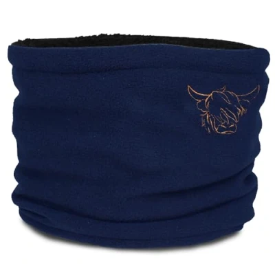 Image of TeddyT&#039;s Unisex Embroidered Highland Cow Sketch Navy Fleece Snood Scarf