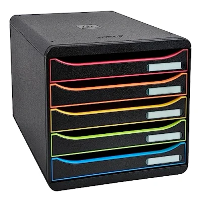 Image of Exacompta Ref 309914D BIG BOX PLUS Desktop Drawer Set 5 x 43mm Drawers, Suitable for A4+ Documents, 347 278 271mm, 100% Recycled Plastic Black/Harlequin/Black