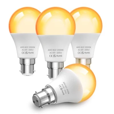 Image of TobeBright 2000K Amber Light Bulbs Bayonet, 9W 60 Watt Equivalent, Blue Blocking B22 LED Bulb, A60 Soft Warm BC Night Bulb for Bedroom,Sleep,Baby Nursery 4Pack