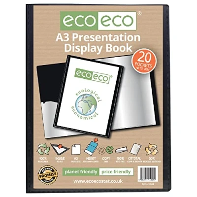 Image of eco A3 Size 50% Recycled 20 Pocket Black Presentation Display Book, Storage Case Portfolio Art Folder with Plastic Sleeves