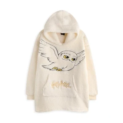 Image of Harry Potter Girls Wearable Blanket Hoodie Kids Hooded Fleece Pullover in Beige Hedwig Owl Embroidered Sherpa Lined Loungewear with Pockets for Children Wizard Movie Merchandise Gift