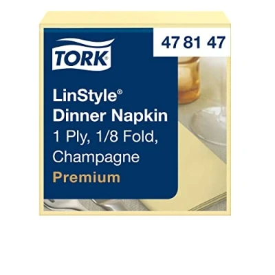Image of Tork 478147 Premium Linstyle Champagne Dinner Napkin 1/8 Folded / 1 Ply Absorbent Unprinted Serviette in Cream 12 x 50 Sheets (WxL: 9.8cm 19.5cm)
