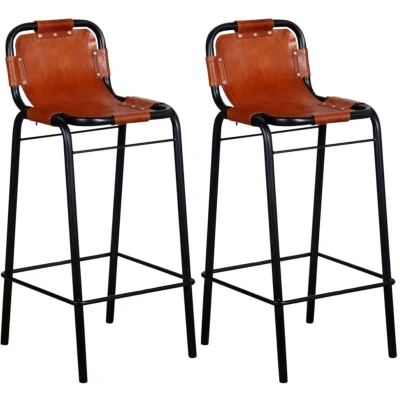 Image of vidaXL Industrial Style Bar Stools Set of 2, Genuine Real Leather &amp; Powder Coated Steel Frame, Comfortable and Easy To Move Ideal for Home Commercial Spaces