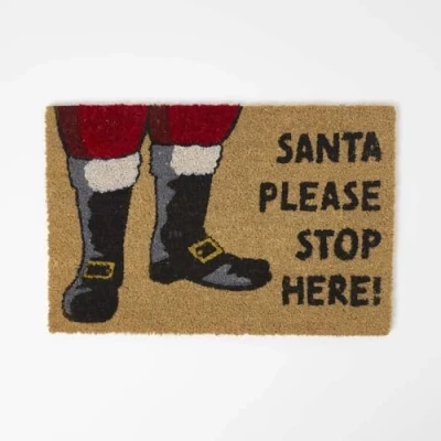 Image of HOMESCAPES Christmas Door Mat 60 x 40 cm “Santa Stop Here Coir Doormat with Non Slip Rubber Back for Indoor &amp; Outdoor Use Decorative Patterned Festive