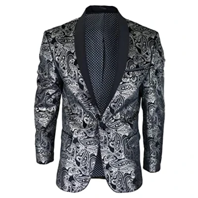 Image of Mens Velvet Paisley Floral Blazer Black Gold Silver Tuxedo Jacket Dinner Suit Tux 42