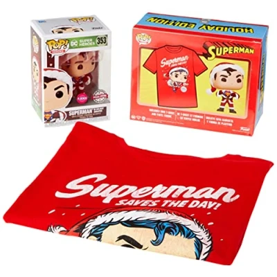 Image of Funko Pop &amp; Tee DC Comics Superman Exclusive Flocked Action Figure Set, Multi Colour (137191), Multicolor, One Size