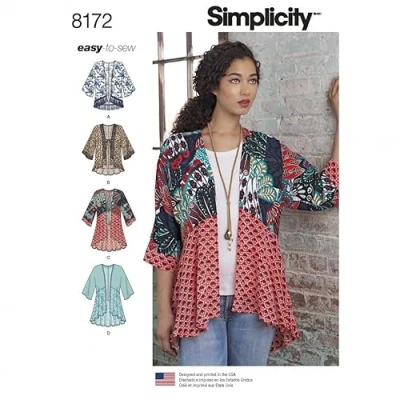 Image of Simplicity Ladies Easy Sewing Pattern 8172 Kimono Tops with Length, Fabric &amp; Trim Variations