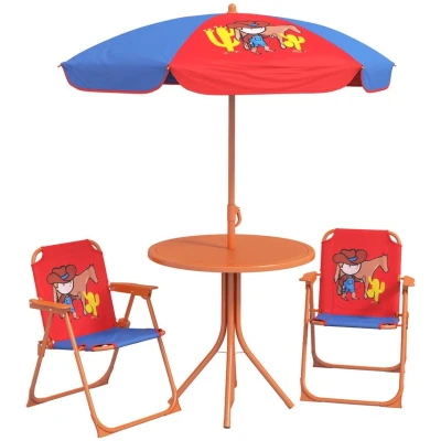 Image of Outsunny Kids Bistro Set Children Table and Chair Garden Furniture Cowboy Themed 4 Pieces w/Adjustable Parasol, Foldable Chairs for 2 5 Years Blue Red