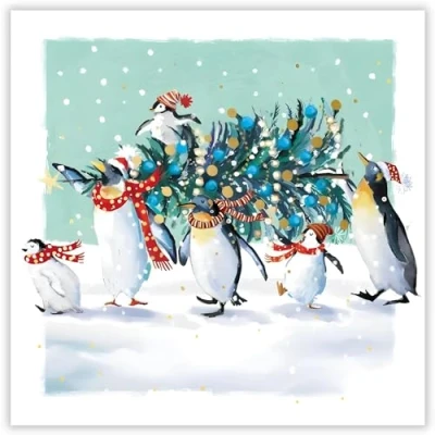 Image of GBCC Charity Christmas Cards Pack of 10 with Penguins and Tree Design Eco Friendly Xmas Multipack Envelopes