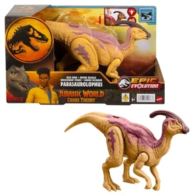 Image of Mattel Jurassic World: Chaos Theory Netflix Wild Roar Parasaurolophus Dinosaur Figure with Glowing Biolumescent Spine Reveal Lights &amp; Sound, Posable Toy Digital Play, Ages 4 Years Up, HTK75