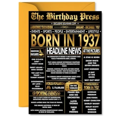 Image of Gold 88th Birthday Card for Men Women Black &amp; Golden Newspaper Born in 1937 Happy 88 Cards Grandma Grandad Uncle Nanny Dad Wife, A5 Bday Greeting