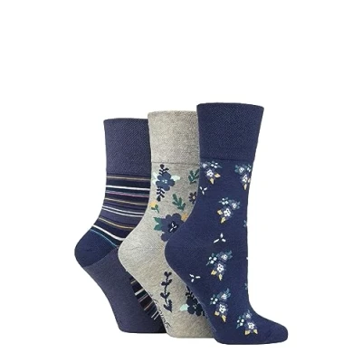 Image of SockShop Gentle Grip Ladies Floral Spotted Patterned and Striped Honeycomb Top Cotton Socks in a Multipack of 3 Assorted Colours Size 4 8 Haven Purple