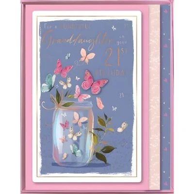Image of Granddaughter 21st Birthday Large Boxed Card Age 21 Special Finishes Butterfly Jar Design Embellishments and Illustrated Insert Leaf Made in the UK