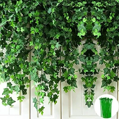 Image of ZEACCT Artificial Ivy Garland,Ivy Garland Fake Vine UV Resistant Green Leaves Plants Hanging Plant for Wedding Party Garden Wall Decoration， 12 Pack 84Ft