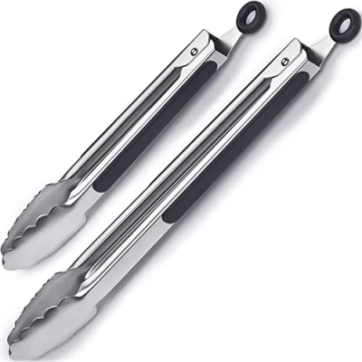 Image of iNeibo Kitchen Tongs 9&#039;&#039; &amp; 12&#039;&#039; Non Slip Smart Locking Stainless Steel Cooking with Tips for Grilling BBQ Serving Salad Ice (Silver)