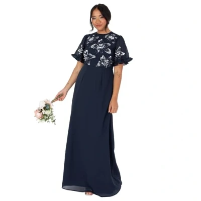 Image of Maya Deluxe Women&#039;s Maxi Dress Ladies Short Angel Sleeve Round Neck Floral Sequin Embellished A line for Wedding Guest Ball Gown, Navy Blue, 16