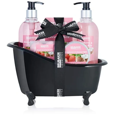 Image of BRUBAKER Bathing Gift Set Strawberry Coconut with Deco Bathtub Black 9 Pieces