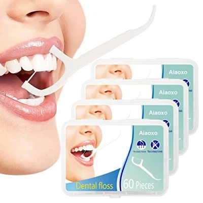 Image of Dental Floss Toothpicks, Plastic, Pack of 4, 240 Disposable Toothpicks Tools Care Flossing for Removing Food Remover, Cleaning Sticks Family, Hotels and Travel