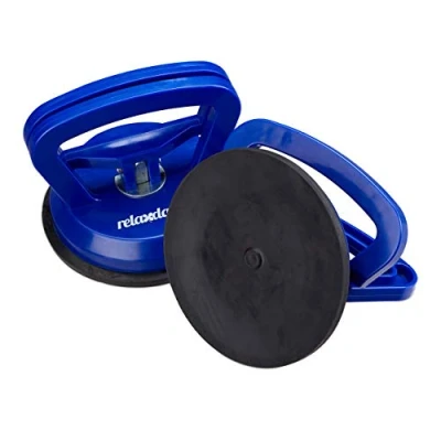 Image of Relaxdays Suction Cups Set of 2, Heavy Duty Glass Lifting, Hand held Vacuum Pads, Transport Handle, 45 kg, Ø 12 cm, Blue