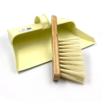 Image of Metal Dustpan and Brush Set, 2 in 1 Heavy Duty Brush, Traditional Hooded Dust Pan Stylish Cream Color Soft for Cleaning