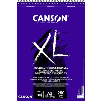 Image of CANSON XL Fluid Mixed Media 250gsm A3 Paper, Smooth, Spiral Pad Short Side, 30 Extra White Sheets, Ideal for Professional Artists &amp; Illustrators