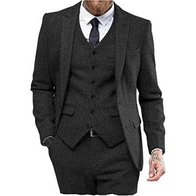 Image of Solovedress Suits for Men, 3 Piece Classic Tuxedo Tweed Wool Wedding (Blazer + Vest Trousers), black, 3XL