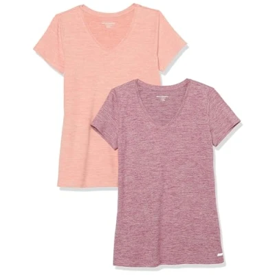 Image of Amazon Essentials Women&#039;s Tech Stretch Short sleeved V neck T shirt (Available in Plus Sizes), Pack of 2, Plum Space Dye/Salmon Pink Dye, M