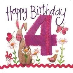 Image of Alex Clark Happy 4th Birthday Rabbit Card Hare Butterfly Birds Flowers Floral Plants Wildlife Greetings Cards for Designed and Printed in the UK