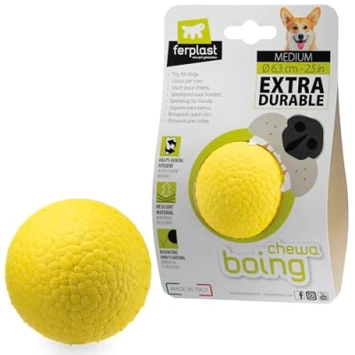 Image of Ferplast CHEWA BOING BALL Dog Toy Super Bouncing &amp; Floating Innovative Chewing Resistant Material 3D Texture for Dental Hygiene Ultra Durable Italian Design Size M, Yellow