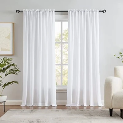 Image of Melodieux White Velvety Semi Sheer Curtains 96 Inches Long for Bedroom, Living Room Soft Texture Rod Pocket Voile Drapes, 52 by Inch (2 Panels)
