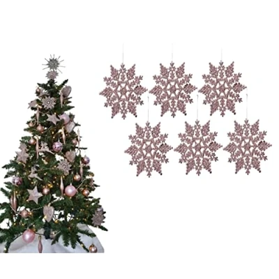 Image of Simply Products Pack of 6 10cm Glitter Hanging Decoration, Snowflakes Christmas Tree Decorations (Rose Gold)