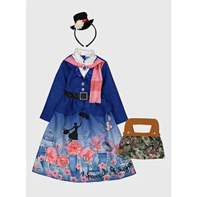 Image of U.T Officially Licensed Mary Poppins fancy dress Book Week Costume with Headband Hat and Bag Age 9 10, Blue