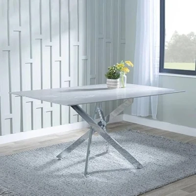 Image of Ashley 6 Seater Glass Dining Table with Chrome Metal Legs 150cm