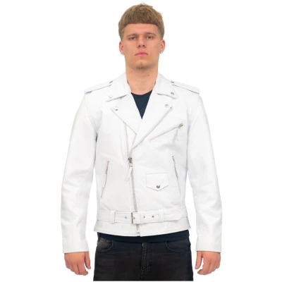 Image of Men&#039;s Leather White Brando Biker Jacket Rock Motorcycle Retro Hide S