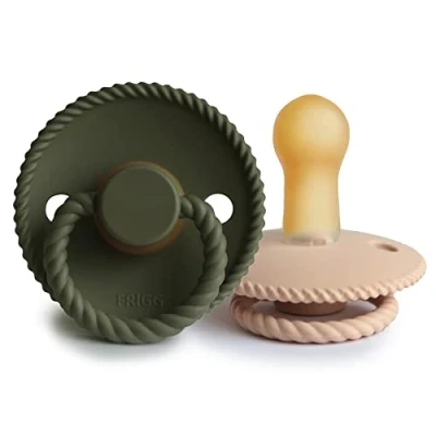 Image of FRIGG Rope Latex Pacifier Pack of 2 Natural Rubber Soother Dummy BPA Free Made in Denmark Symmetrical Cherry Shaped Nipple (Croissant/Olive, Size (6 18 Months))