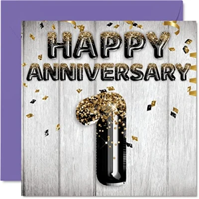 Image of Awesome Paper Anniversary Card for Husband Boyfriend Wife Girlfriend Black Gold Glitter Balloons Happy 1st Cards from Family, 145mm x Greeting First Anniversaries