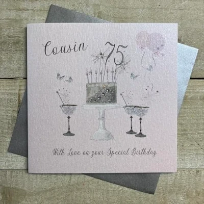 Image of Happy 75th Birthday Card Cousin Champagne Glasses Pink Roses by White Cotton Cards SS42 C75