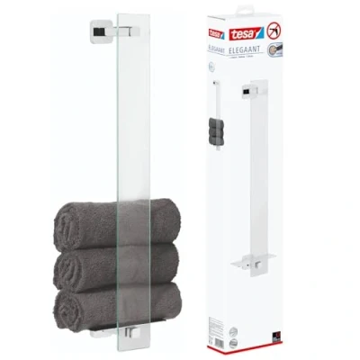 Image of tesa ELEGAANT Guest Towel Holder Vertical Hand in White Frosted Glass Design Wall Mounted Bar Waterproof, incl. Power.Kit Adhesive Solution 667 mm x 180 128