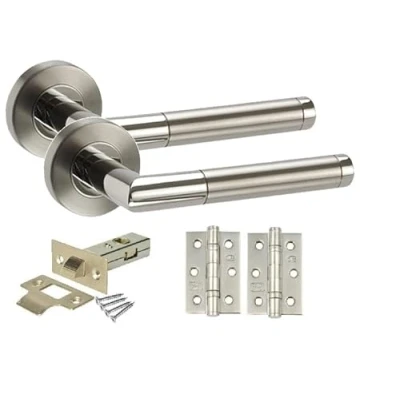 Image of Golden Grace Mitred Style Modern Chrome Door Handles on Rose with Duo Finish Lever Latch Pack Ball Bearing Hinges and 64mm Tubular or Bathroom Set Lock (1 Set)