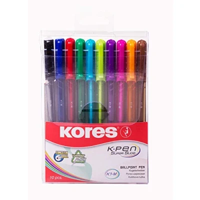 Image of Kores Coloured Pens Ballpoint Pens, 1 mm Medium Point Biro with Smudge Proof Ink, Triangular Shape Office Supplies, School Stationery, Teacher Supplies Pack of 10 in Assorted Colours