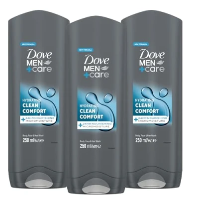Image of Dove Men+Care Hydrating Clean Comfort Body, Face &amp; Hair Wash, 250 ml 24hr Nourishing Micromoisture Bulk Buy 3 or 6 Packs