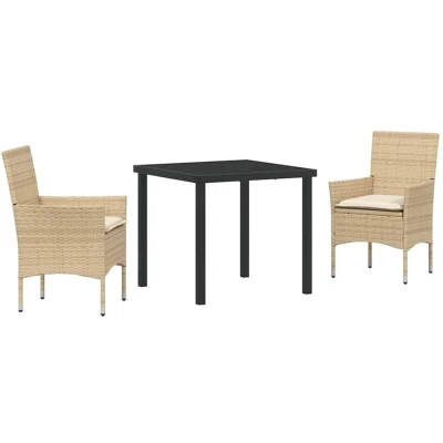 Image of vidaXL 3 Piece Garden Dining Set with Cushions Beige Poly Rattan