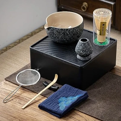 Image of TEANAGOO Matcha Kit with Storage Case, 10 Pcs Complete Travel Tea Set, Ceramic Bowl (510ml/18oz), Bamboo Whisk(百本立), Scoop, Sifter, WN17, Rock Grey