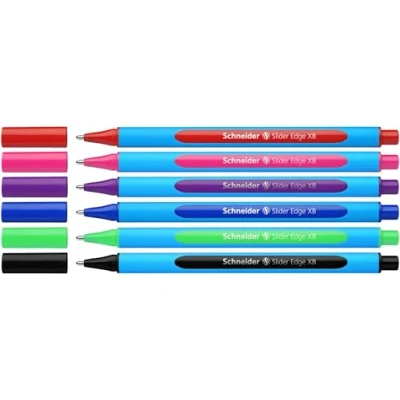 Image of Schneider writing instruments ballpoint pen Slider Edge, cap model, XB, assorted, case of 6 colors, pack